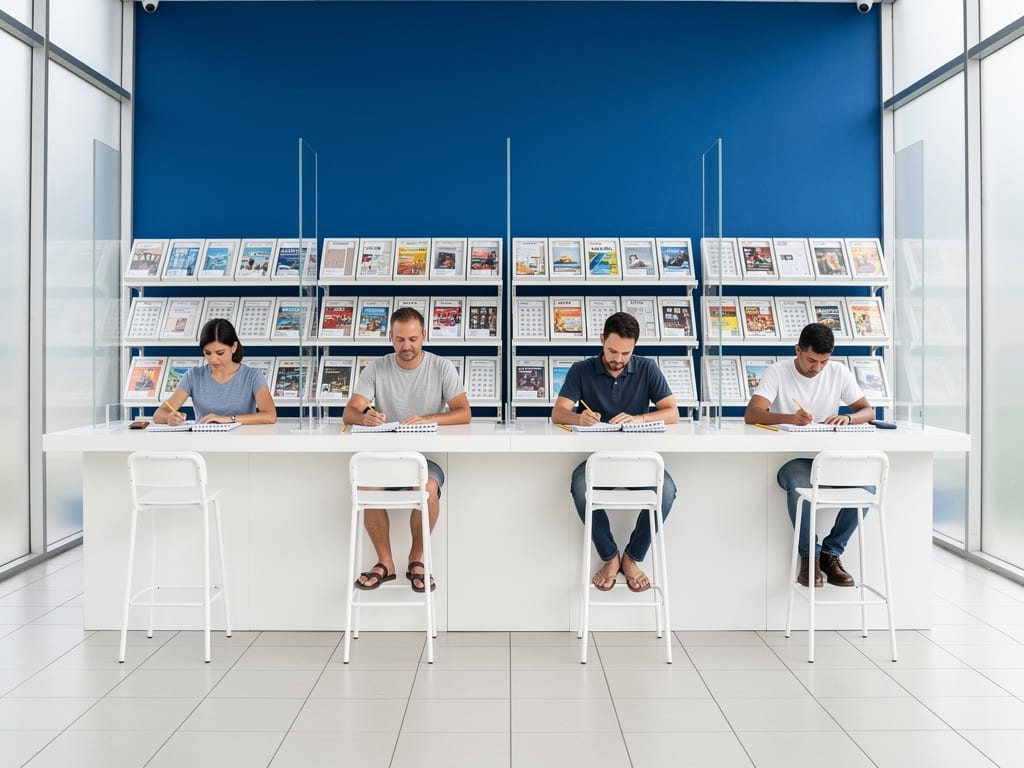 Interior de uma lotérica após o expediente, transformado em sala de aula para donos de lotérica aprenderem a usar IA