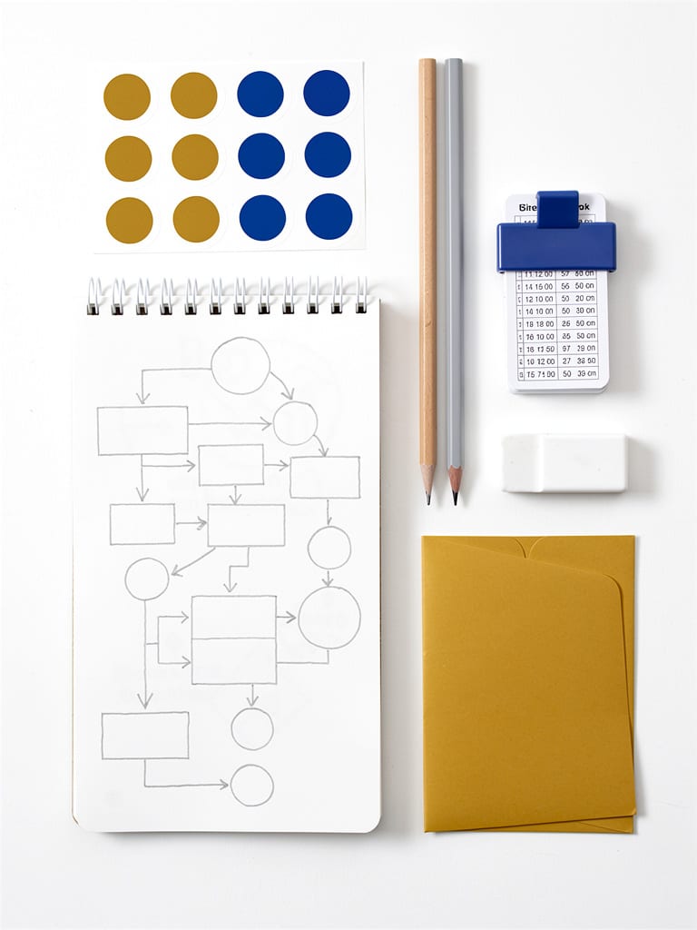 Caderno do curso com diagramas desenhados, adesivos coloridos, lápis e volantes de aposta